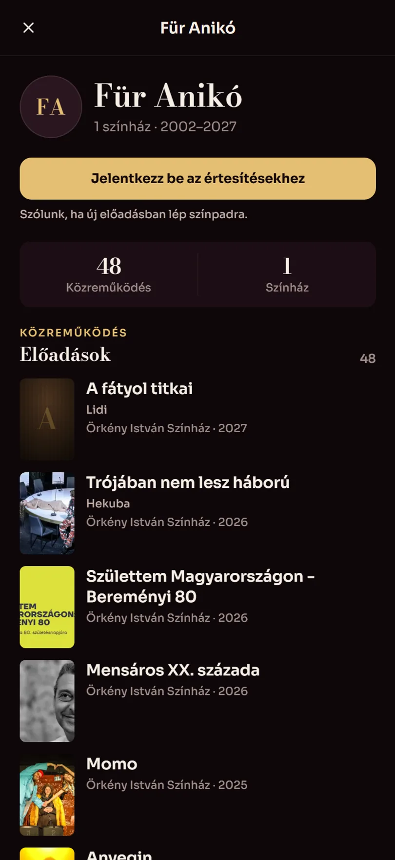 Für Anikó oldala: 48 közreműködés egy színházban, 2002-től 2027-ig, alatta az előadások szerepekkel.