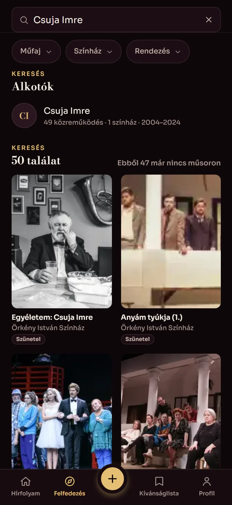Keresés a „Csuja Imre” névre: az alkotó találata 49 közreműködéssel, alatta 50 darab, amiből 47 már nincs műsoron.